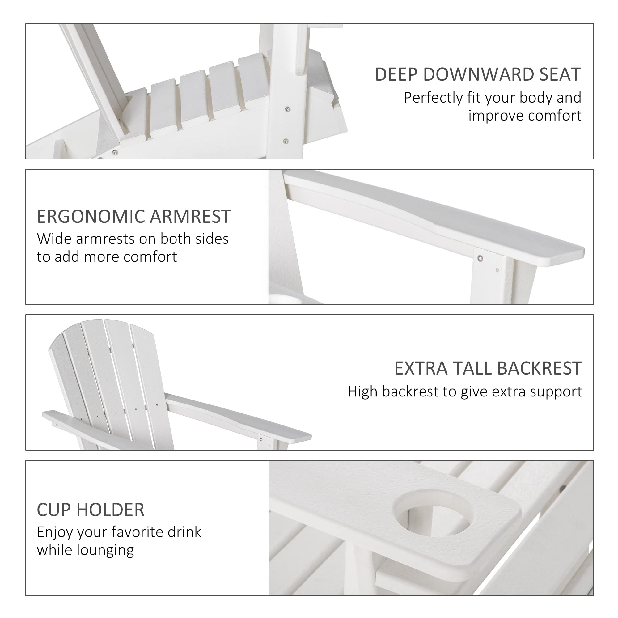 Outsunny Adirondack Chair with Cup Holder, All Weather Patio Chair HDPE Lounger, Fire Pit Seating High Back and Wide Seat for Outdoor, Backyard, Garden, Deck, Lawn, White