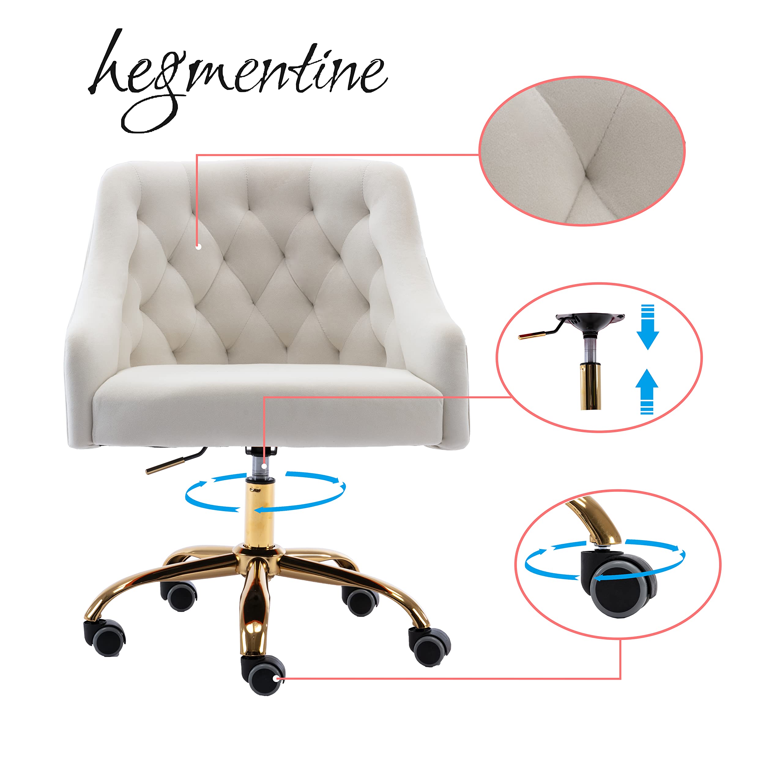 hegmentine Modern Home Office Chair Desk Chair Task with Wheels Swivel Vanity Chair Makeup Chair Height Adjustable Chairs Velvet Living Room, Bedroom(White)