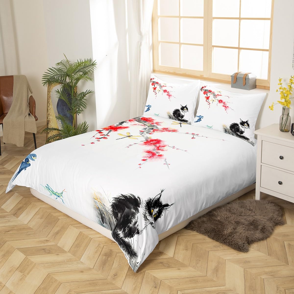 Red Cherry Blossoms Comforter Cover Ink Painting Cat Duvet Cover Kawaii Birds Butterfly Kitten Bedding Set Landscape Painting Chinese Style Bedding Collections with 2 Pillowcases, Full Size