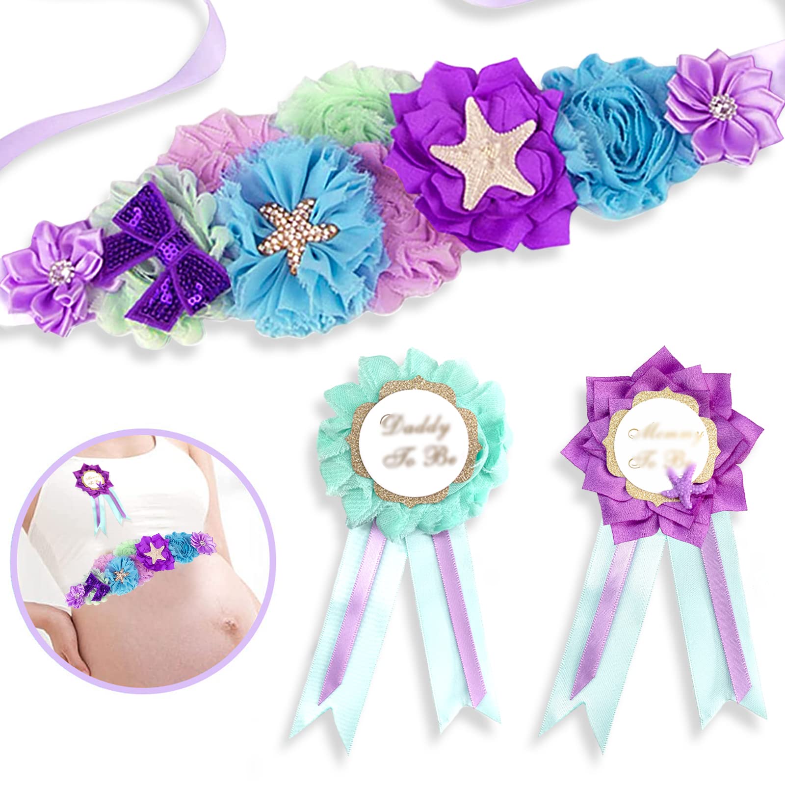 Hombae Mermaid Maternity Sash Belt for Baby Shower, Little Mermaid Under The Sea Supplies Mommy To Be & Daddy To Be Badge Corsage Pin Gender Reveal Pregnancy Belly Belt