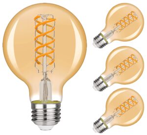 g25 led globe light bulbs, antique flexible spiral led filament light bulb, vintage led edison bulb,4 pack, warm white 2500k,6w equivalent to 60w, 600lm，dimmable with 80+ cri，e26 base, amber glass