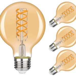 G25 LED Globe Light Bulbs, Antique Flexible Spiral LED Filament Light Bulb, Vintage LED Edison Bulb,4 Pack, Warm White 2500K,6W Equivalent to 60W, 600LM，Dimmable with 80+ CRI，E26 Base, Amber Glass