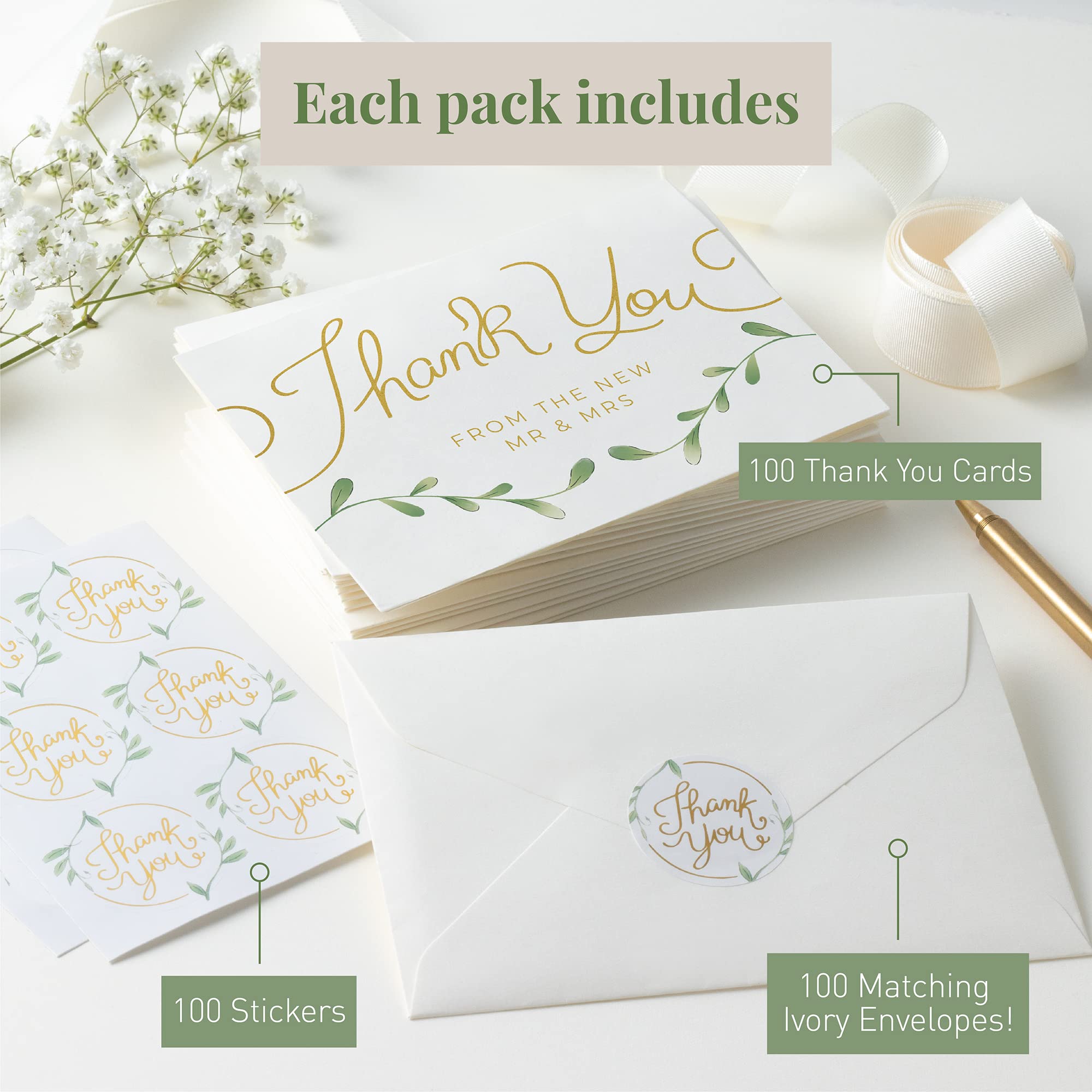 Rileys & Co Thank You Wedding Cards with Envelopes & Stickers, 100 Bulk Pack, Gold Foil, Mr and Mrs Thank You Notes Bulk Cards, | Thank You From the New Mr & Mrs. (Gold)