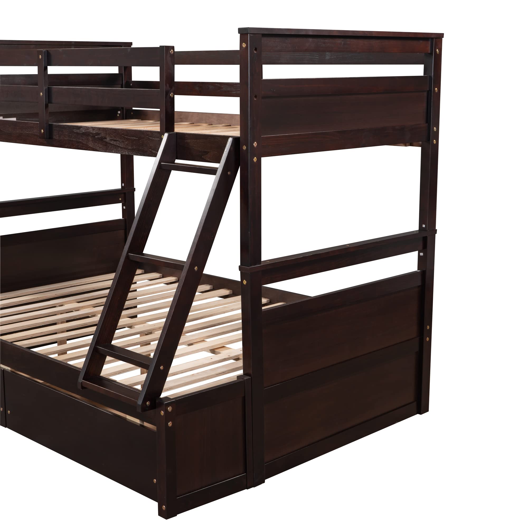 Harper & Bright Designs Solid Wood Bunk Bed with Storage Drawers, Twin Over Full Bunk Bed with Ladder and Safety Guard Rail for Boys, Girls, Teens and Adults (Espresso)