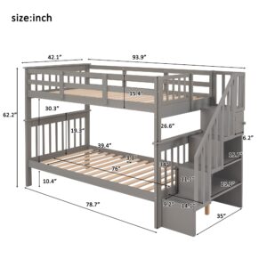 Harper & Bright Designs Twin Bunk Beds, Twin Over Twin Bunk Bed with Stairs and Storage, Low Bunk Beds Twin Over Twin for Kids Girls Boys, Grey