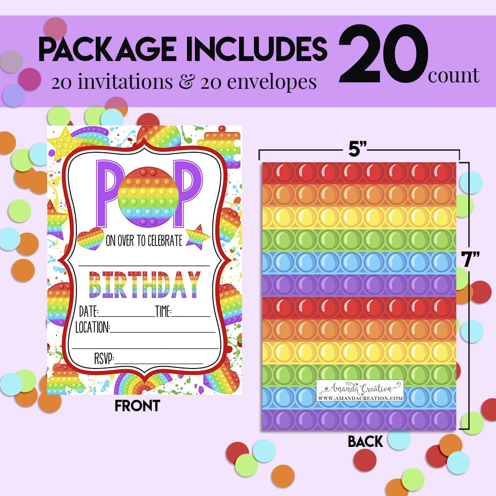 Pop On Over Popper Toy Fidget Themed Birthday Party Invitations for Kids, 20 5x7 Fill In Cards with Twenty White Envelopes by AmandaCreation