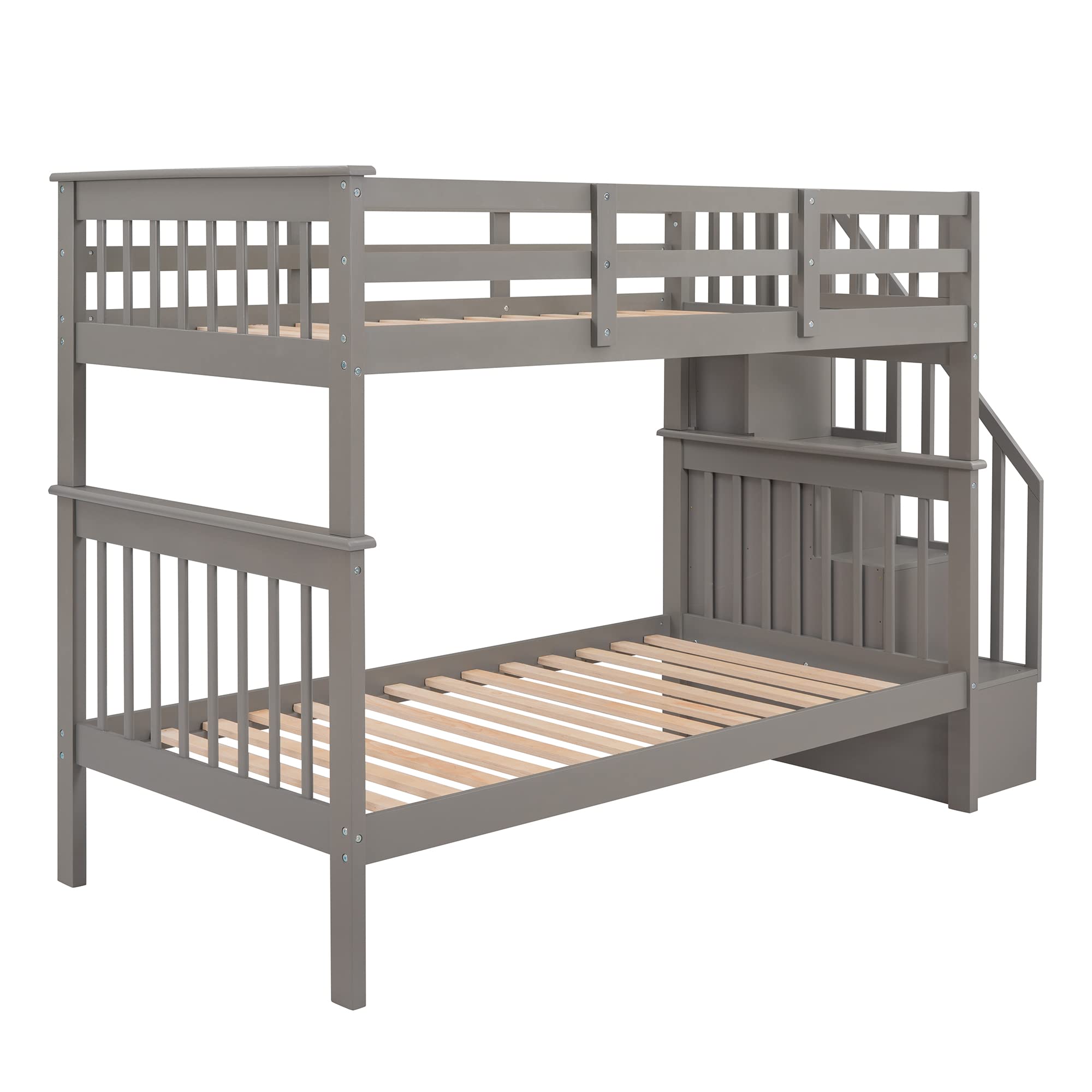 Harper & Bright Designs Twin Bunk Beds, Twin Over Twin Bunk Bed with Stairs and Storage, Low Bunk Beds Twin Over Twin for Kids Girls Boys, Grey