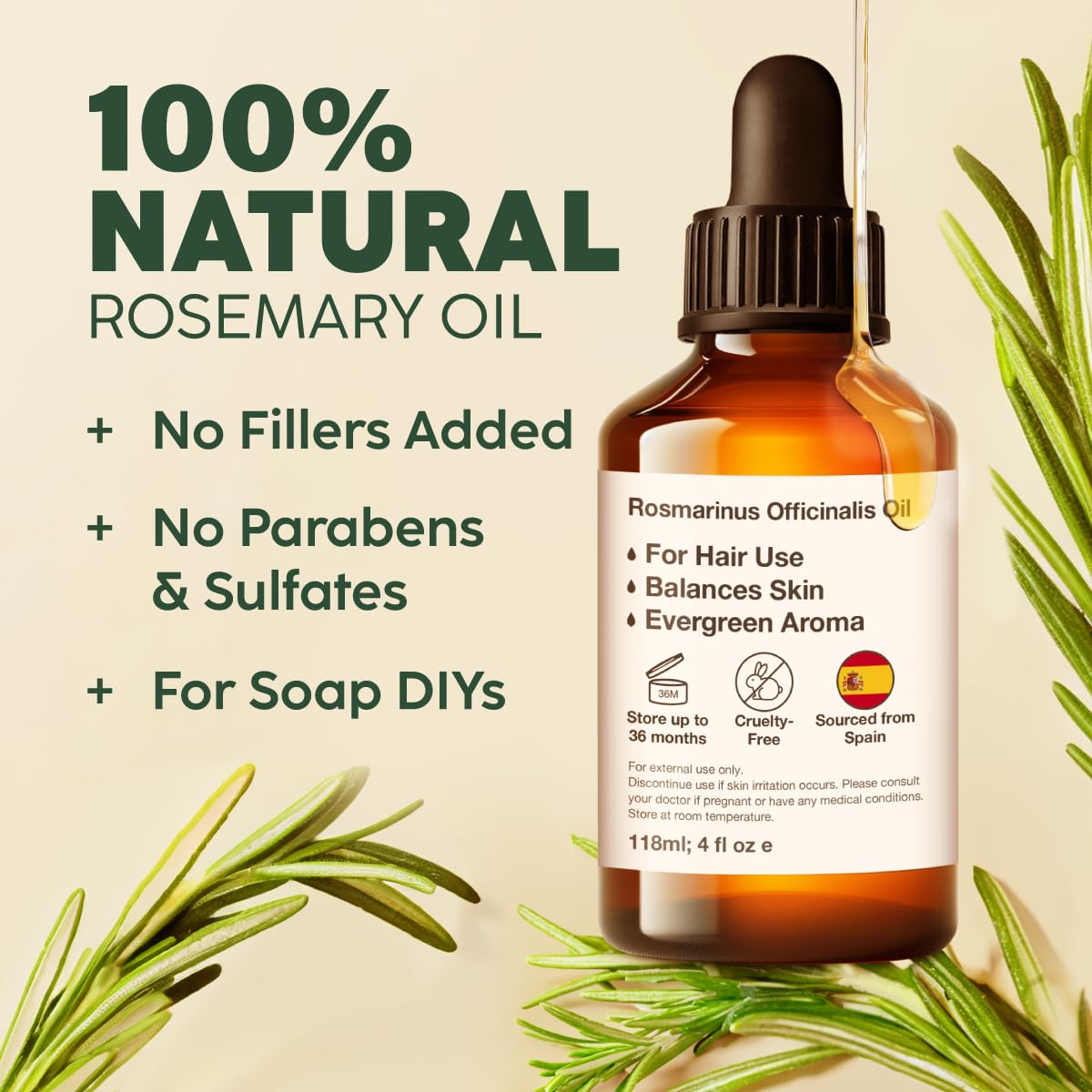 Kukka Rosemary Oil for Hair - 100% Natural Rosemary Hair Oil - Rosemary Essential Oils for Skin, Diffuser & Aromatherapy - Soap Making & DIY (4 Fl Oz).