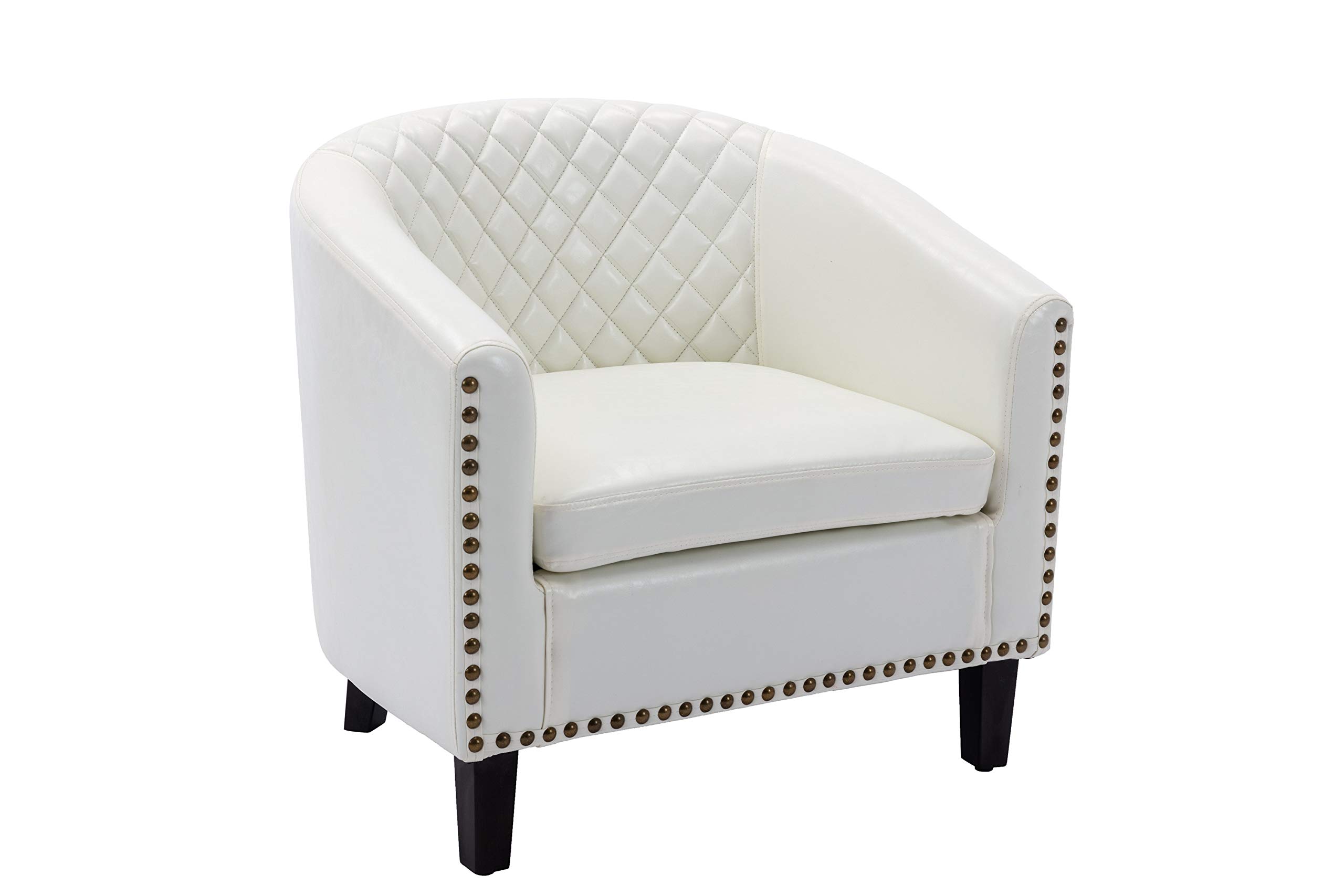 Accent Barrel Chair with Nail Head, Stylish Reading Armchair, Rivet Chair for Waiting Room, Leather Side Chair with Wood Legs,Modern Club Padded Chair for Living Room, Bedroom, Home & Office (White)