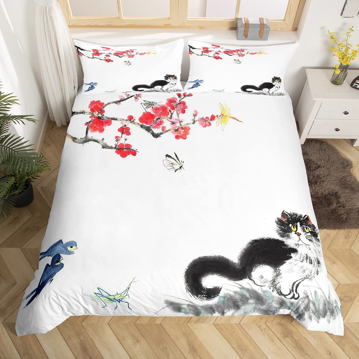 Red Cherry Blossoms Comforter Cover Ink Painting Cat Duvet Cover Kawaii Birds Butterfly Kitten Bedding Set Landscape Painting Chinese Style Bedding Collections with 2 Pillowcases, Full Size