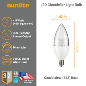 Sunlite 41637 LED B11 Clear Torpedo Tip Chandelier Light Bulb, 4.5 Watts (40W Equivalent) 300 Lumens, Candelabra E12 Base, Dimmable Energy Star and ETL Certified, 3000K Warm White, 6 Count