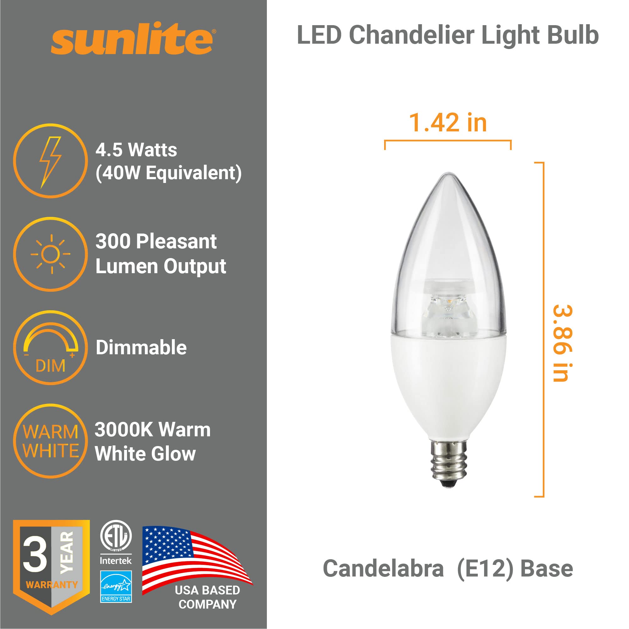 Sunlite 41637 LED B11 Clear Torpedo Tip Chandelier Light Bulb, 4.5 Watts (40W Equivalent) 300 Lumens, Candelabra E12 Base, Dimmable Energy Star and ETL Certified, 3000K Warm White, 6 Count