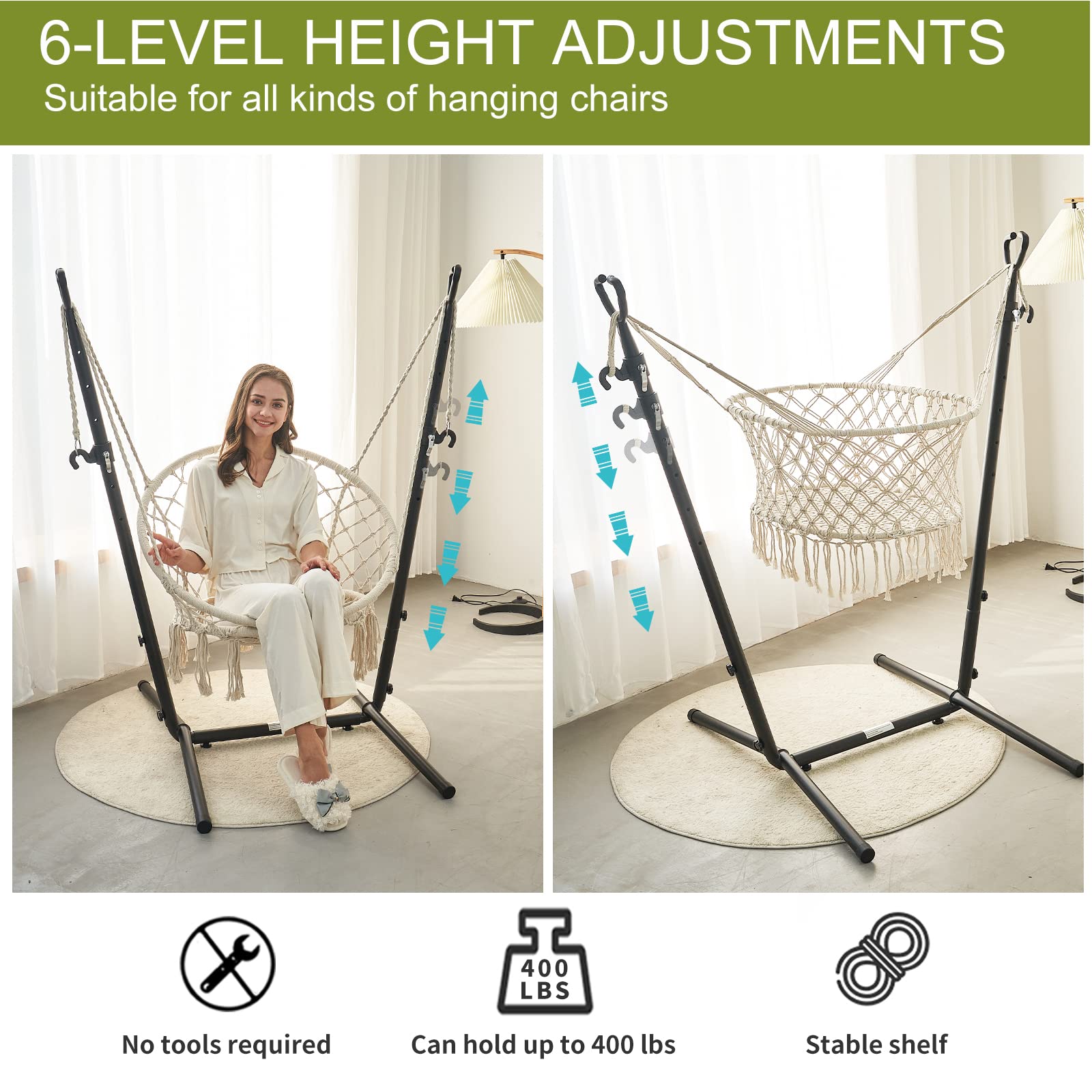 Hammock with Stand Phone Holder Included Double Hanging Chair Macrame Boho Handmade Adjustable Swing Indoor Outdoor Patio Yard Garden Porch 400lbs Capacity (2022 White)