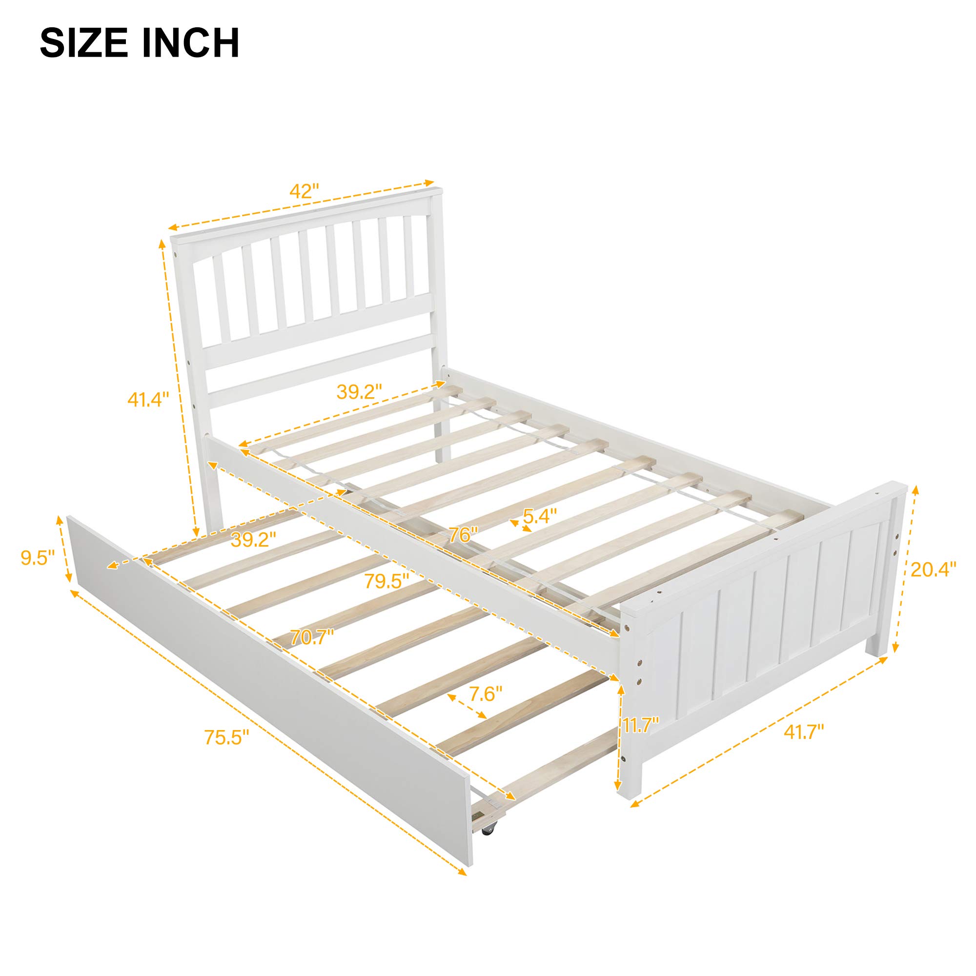 MERITLINE Kids Twin Bed with Trundle, Platform Bed Trundle Twin Bed with Headboard and Footboard for Girls Boys, No Need Box Spring, White