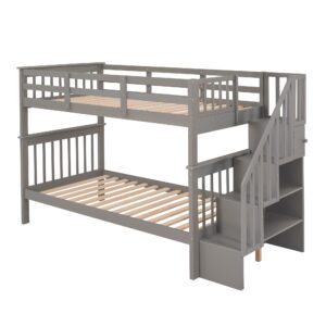 Harper & Bright Designs Twin Bunk Beds, Twin Over Twin Bunk Bed with Stairs and Storage, Low Bunk Beds Twin Over Twin for Kids Girls Boys, Grey