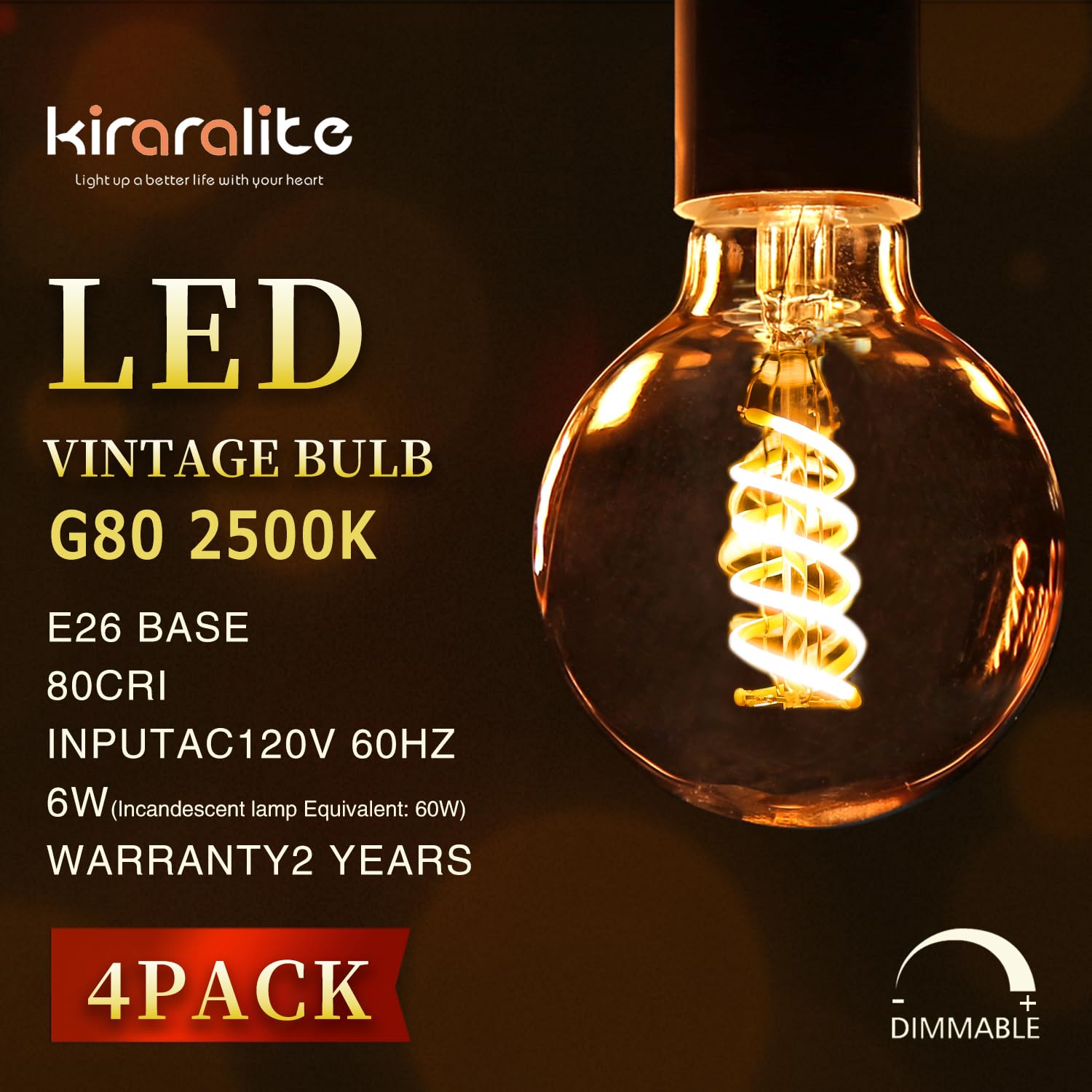 G25 LED Globe Light Bulbs, Antique Flexible Spiral LED Filament Light Bulb, Vintage LED Edison Bulb,4 Pack, Warm White 2500K,6W Equivalent to 60W, 600LM，Dimmable with 80+ CRI，E26 Base, Amber Glass