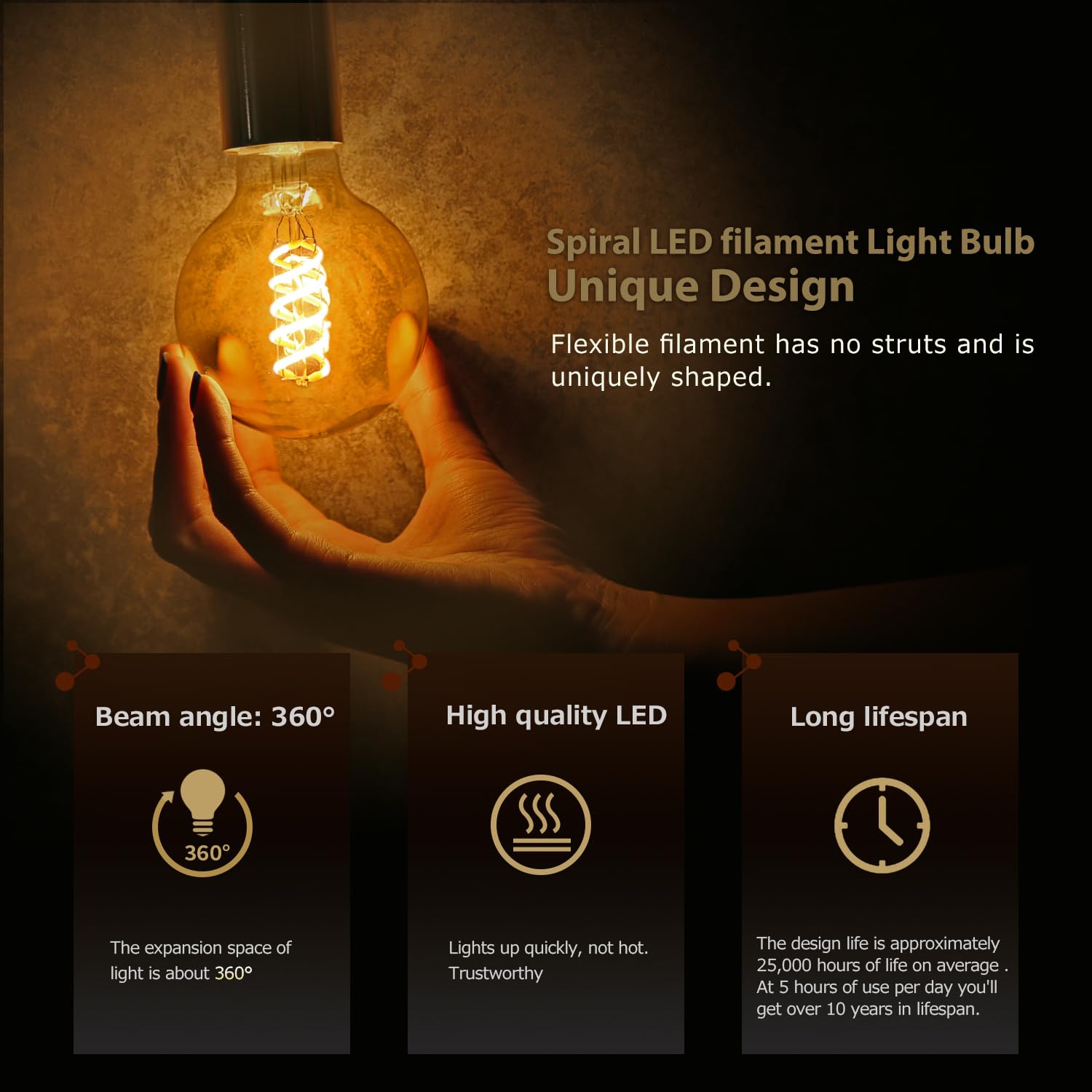 G25 LED Globe Light Bulbs, Antique Flexible Spiral LED Filament Light Bulb, Vintage LED Edison Bulb,4 Pack, Warm White 2500K,6W Equivalent to 60W, 600LM，Dimmable with 80+ CRI，E26 Base, Amber Glass