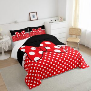 Homewish Bowknot Comforter Set Twin Size,White Dots Bedding Set 2pcs for Kids Teens Girls Boys Room Decor,Romantic Princess Style Quilt Set Red and Black Duvet Insert with 1 Pillowcase