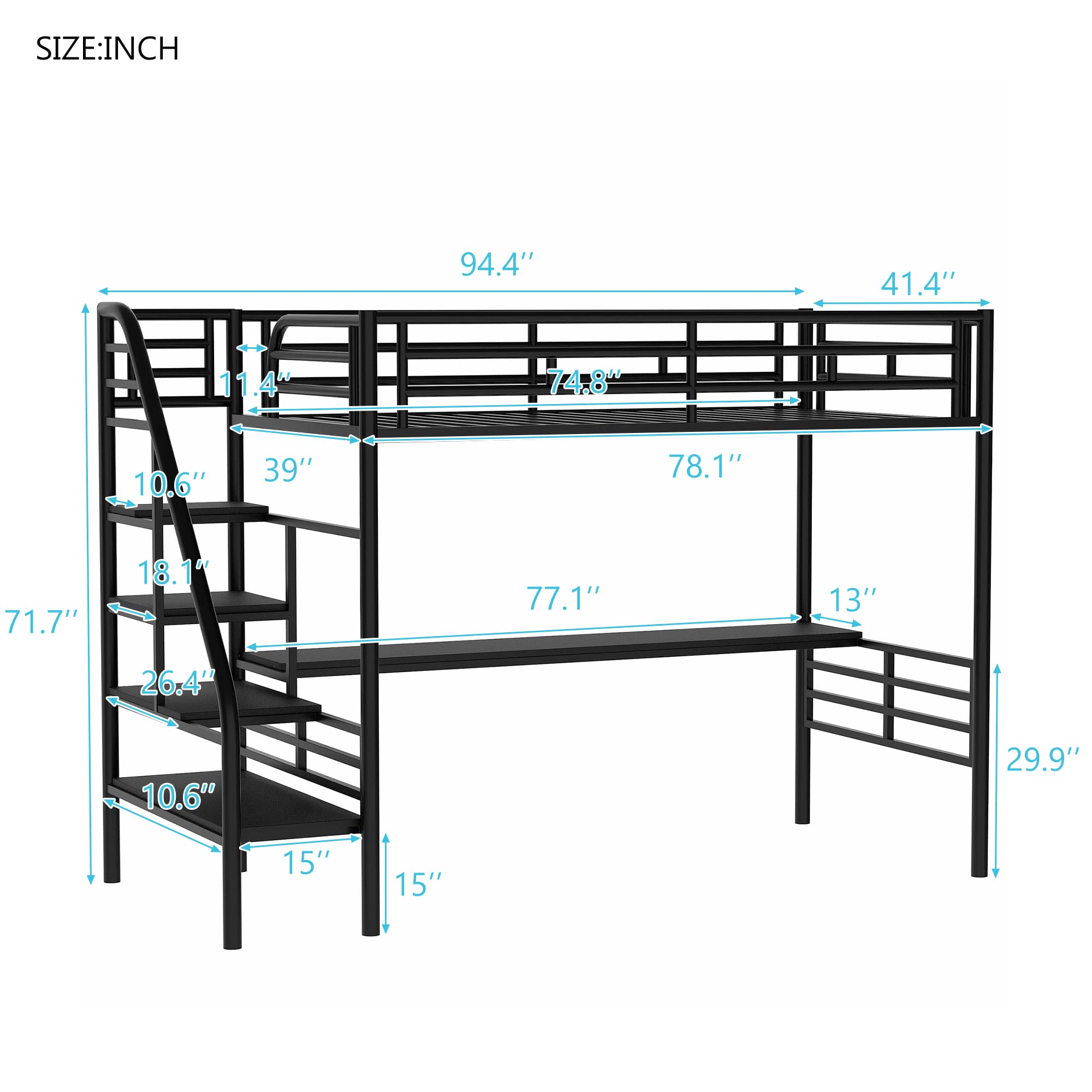 Harper & Bright Designs Metal Twin Loft Bed with Desk, Twin Size Loft Bed with Stairs and Workstation Desk for Kids Teens, Space Saving Metal Loft Bed Frame,No Box Spring Needed, Black