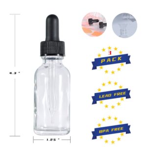 Poadool 3 Pack 1oz (30ml) Clear Dropper Bottles, Tincture Bottles with Dropper, Clear Glass Boston Round Bottle with Glass Eye Dropper, 1ml Stronger Suction.