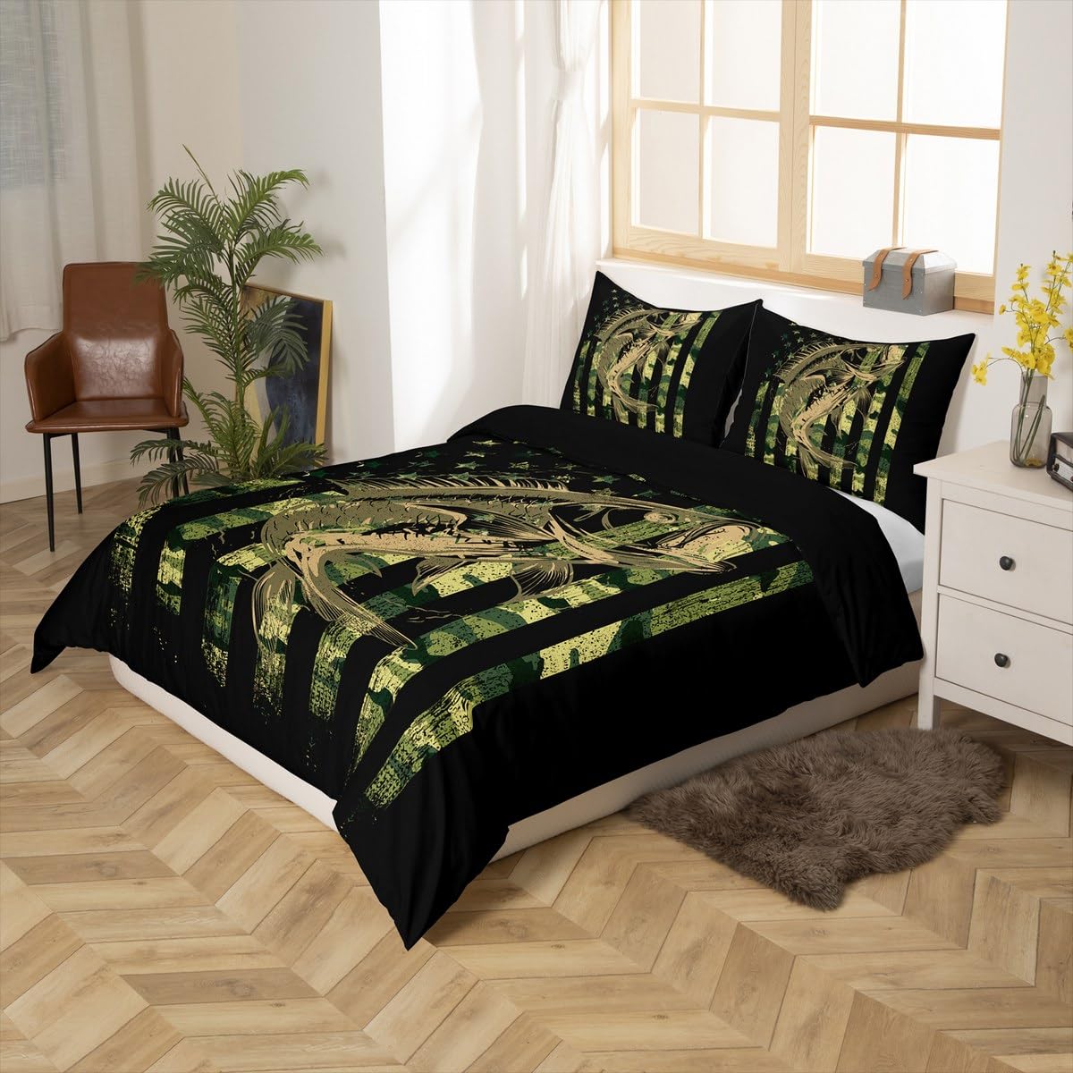 Bass Fish Camouflage Bedding Set Full Pike Fish Camo Duvet Cover for Women Men Room Kids Farmhouse Fishing Decor Comforter Cover Set Fishman Wild Bedspread Cover 3Pcs Zipper Green Black Full Size