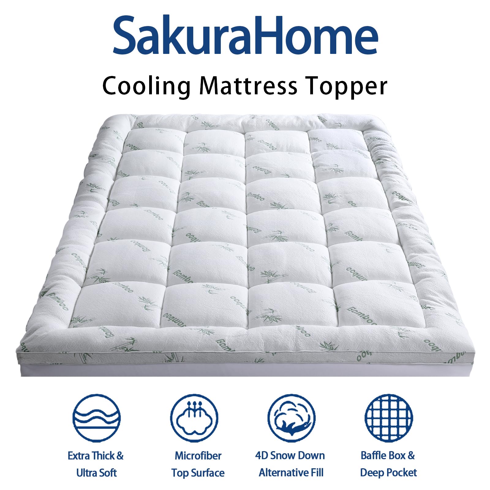 Mattress Topper Twin Size, Cooling Extra Thick Breathable Viscose Made from Bamboo Mattress pad, Soft Quilted Fitted Mattress Cover with 1000 GSM Down Alternative Fill (8-21”Deep Pocket)