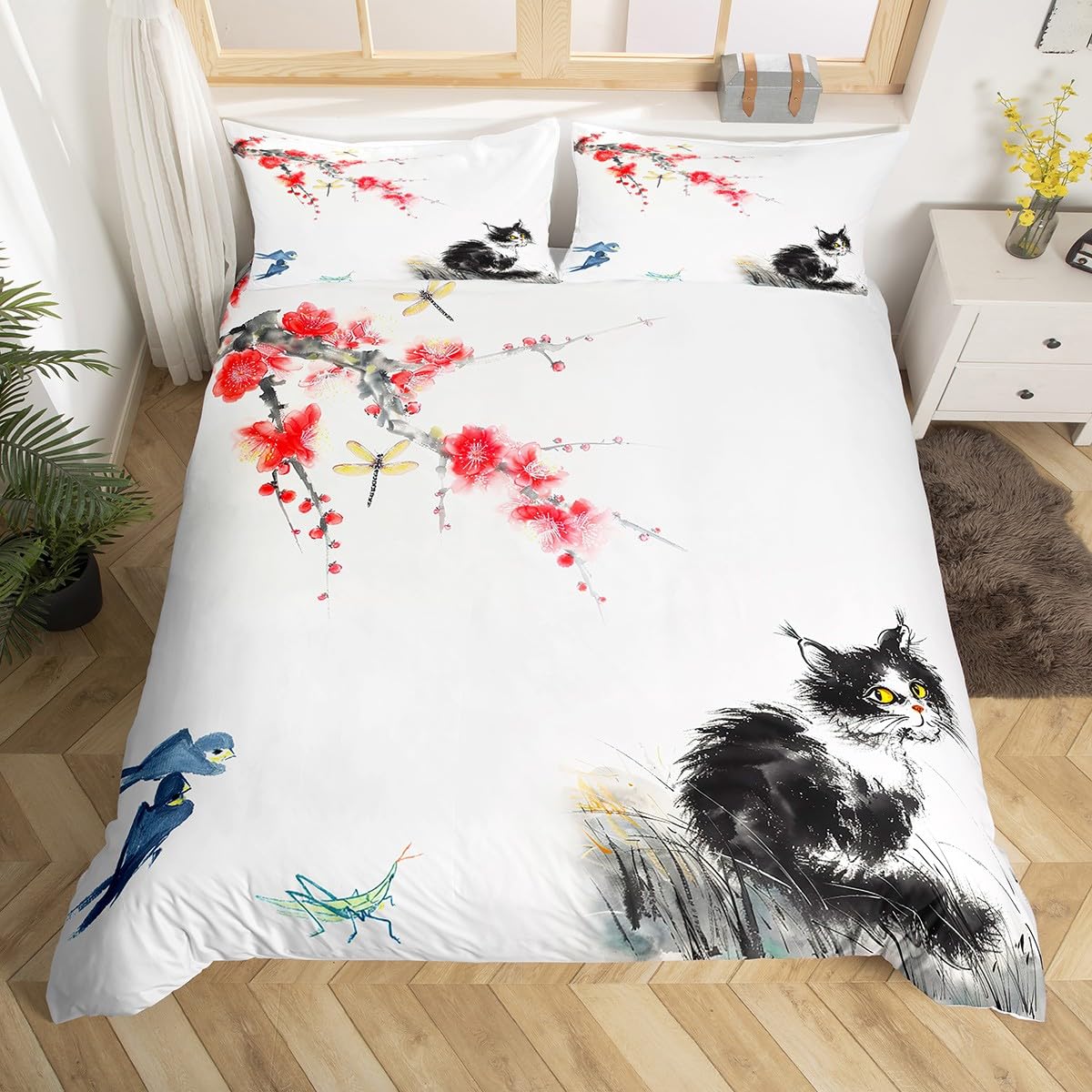 Red Cherry Blossoms Comforter Cover Ink Painting Cat Duvet Cover Kawaii Birds Butterfly Kitten Bedding Set Landscape Painting Chinese Style Bedding Collections with 2 Pillowcases, Full Size