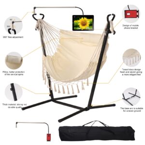 Hammock with Stand Phone Holder Included Double Hanging Chair Macrame Boho Handmade Adjustable Swing Indoor Outdoor Patio Yard Garden Porch 400lbs Capacity (2022 White)