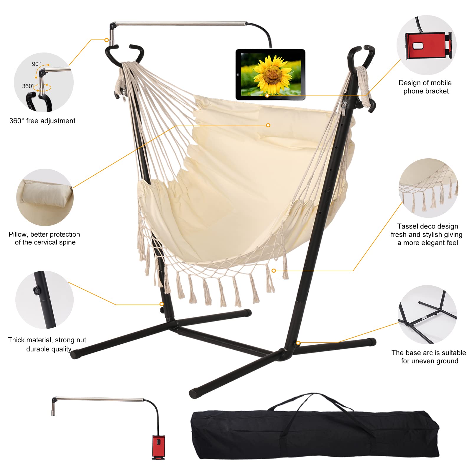 Hammock with Stand Phone Holder Included Double Hanging Chair Macrame Boho Handmade Adjustable Swing Indoor Outdoor Patio Yard Garden Porch 400lbs Capacity (2022 White)