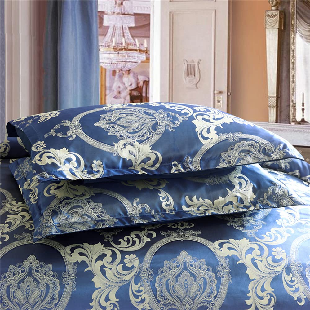 ChliEarime Heicatte Duvet Cover Set Satin Silk Blanket All Season Bed Duvet Cover Set Royal Blue Bedspread Luxury Jacquard Quilt Bedding Sets Matching 2 Pillow Shams King(102X90 Inches)