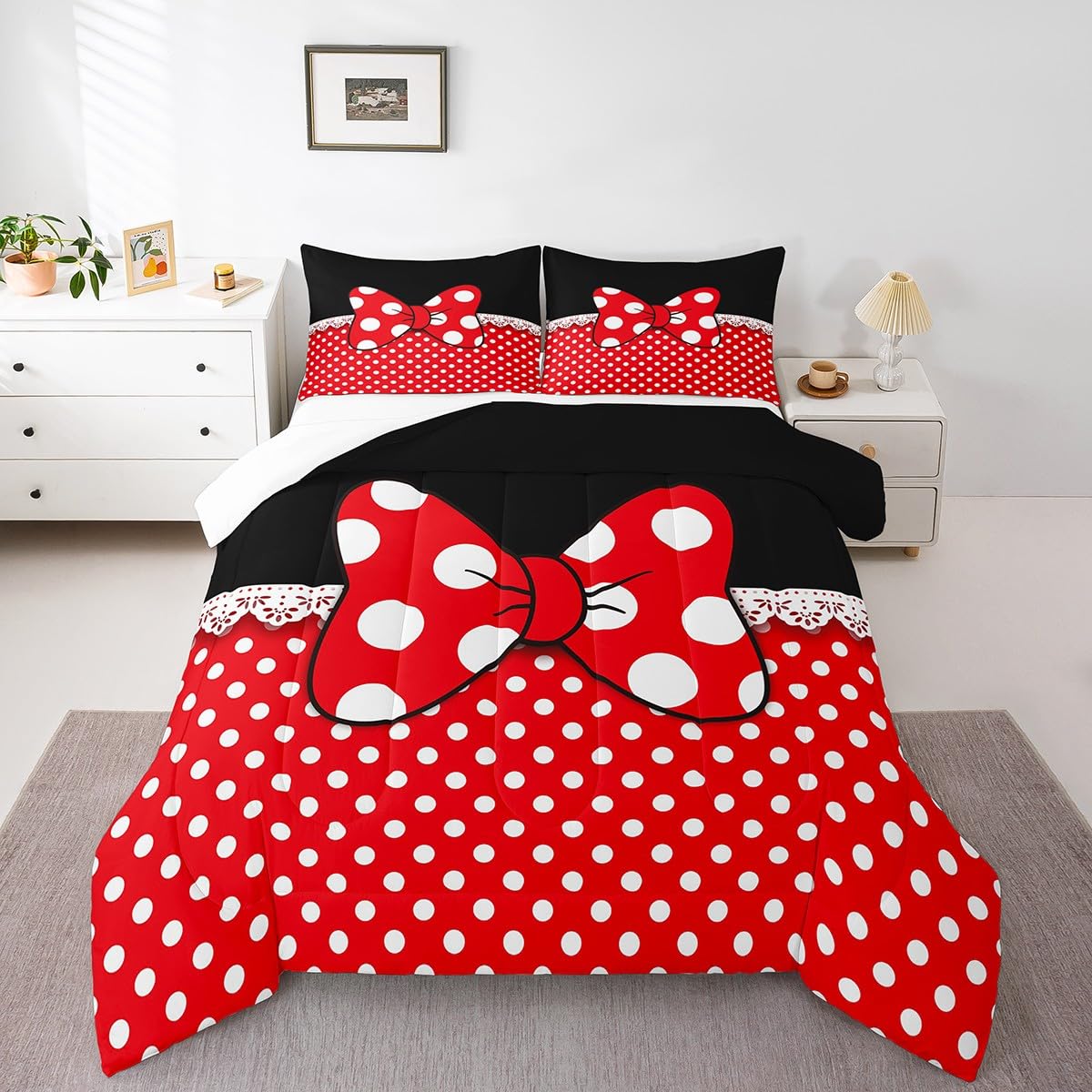 Homewish Bowknot Comforter Set Twin Size,White Dots Bedding Set 2pcs for Kids Teens Girls Boys Room Decor,Romantic Princess Style Quilt Set Red and Black Duvet Insert with 1 Pillowcase