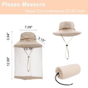 Mosquito Head Net Hat with Hidden Net Mesh for Outdoor Lover Hiking Fishing Beekeeping Gardening Men or Women (Khaki)