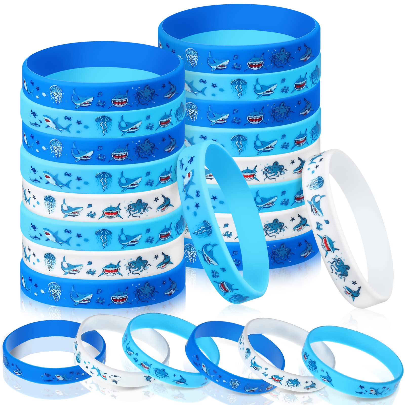 Suilung 24 Pcs Shark Party Favors Shark Bracelet for Kids Shark Silicone Rubber Wristbands Ocean Under The Sea Themed Party Gifts for Boys Girls Baby Shower Shark Birthday Party Supplies