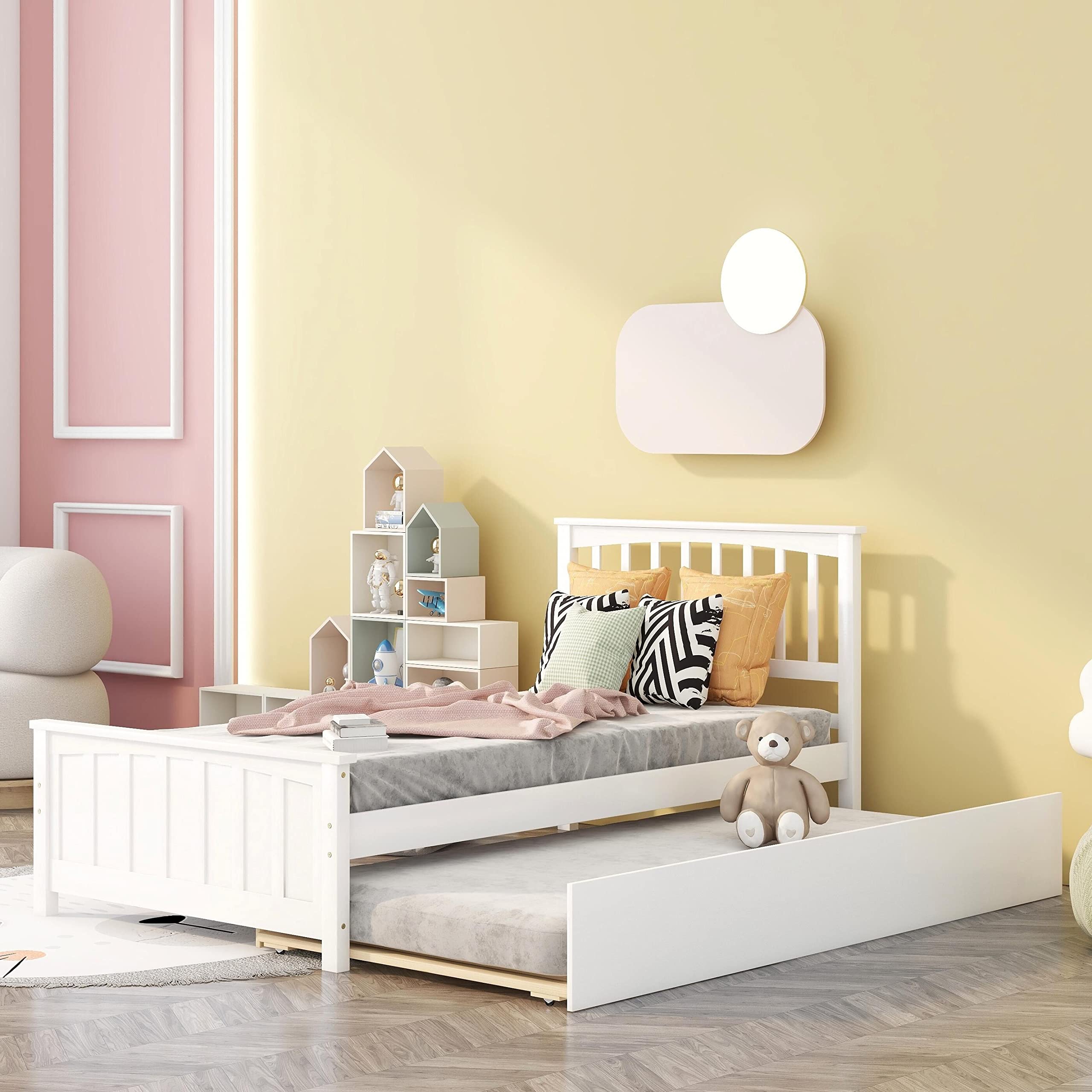 MERITLINE Kids Twin Bed with Trundle, Platform Bed Trundle Twin Bed with Headboard and Footboard for Girls Boys, No Need Box Spring, White