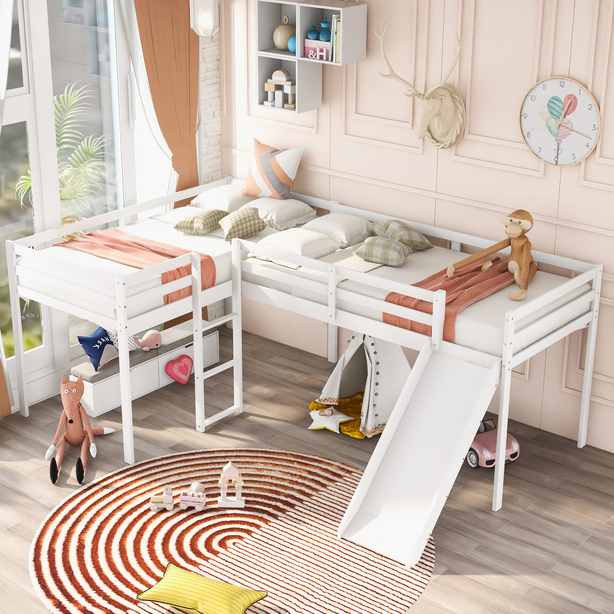 Harper & Bright Designs Twin Loft Bed for Kids, L-Shape Loft Beds with Slide, Low Loft Bed Frame Corner Bunk Bed for Kids, Wooden Loft Bed for Girls Boys Teens (New, White)