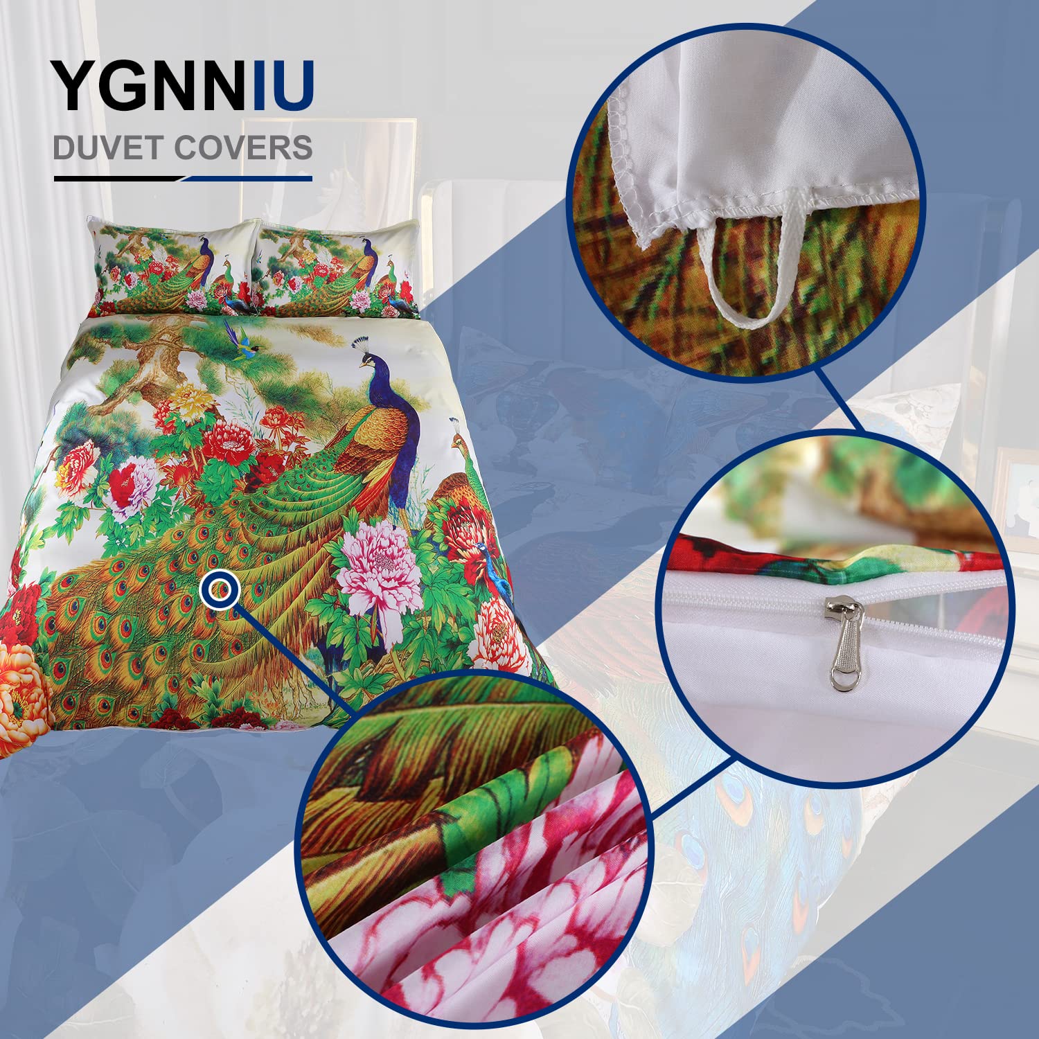 YGNNIU Peacock Duvet Cover Queen Size Floral Pattern Bedding Set Retro Chinese Style Peacock Floral Theme Duvet Cover (1 Duvet Cover and 2 Pillowcases) with Hidden Zipper