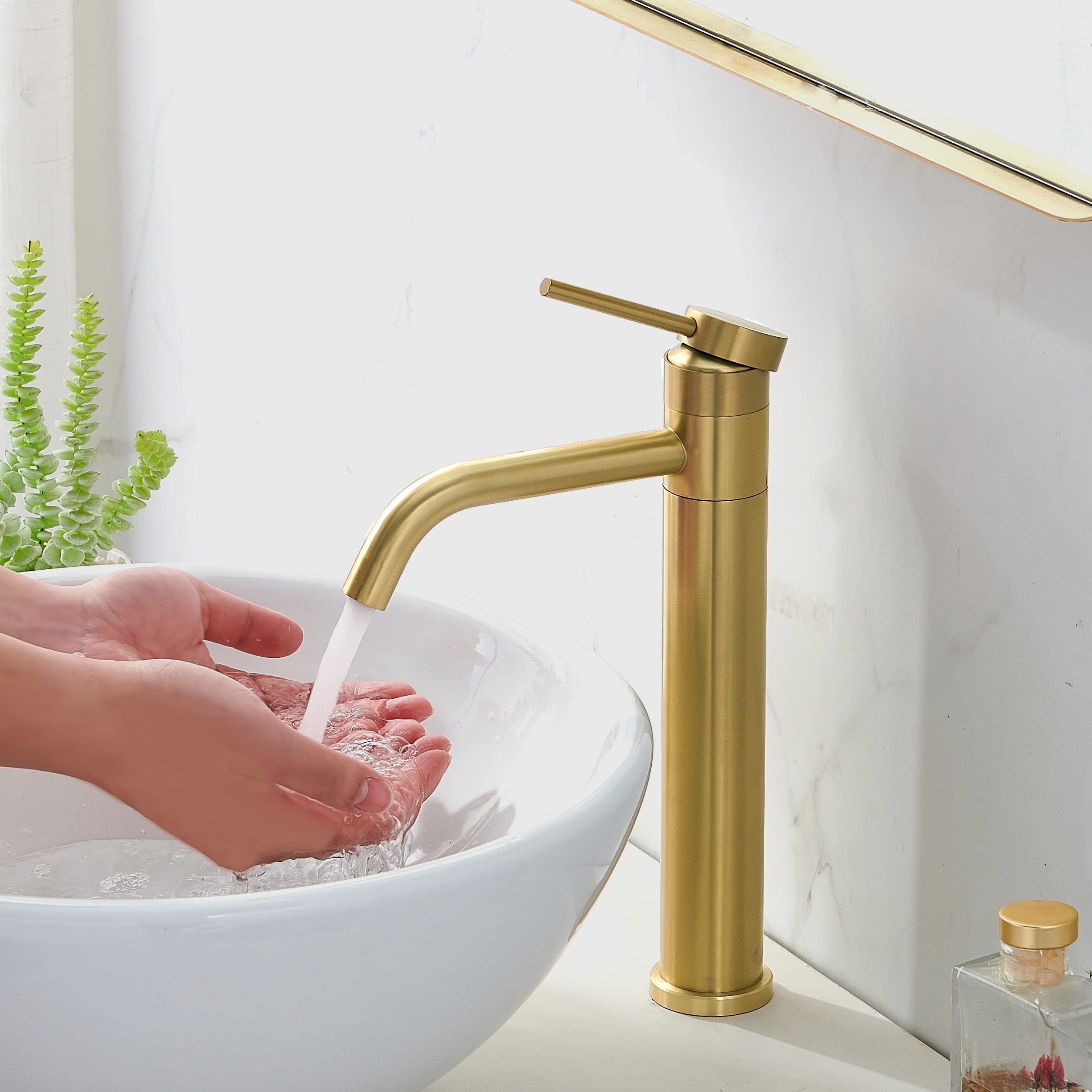 Hotis Gold Vessel Sink Faucet, 360 Swivel Brushed Gold Vessel Faucet, Single Handle Tall Body Farmhouse Vessel Faucet, Bathroom Faucets for Sink 1 Holewith Pop Up Drain