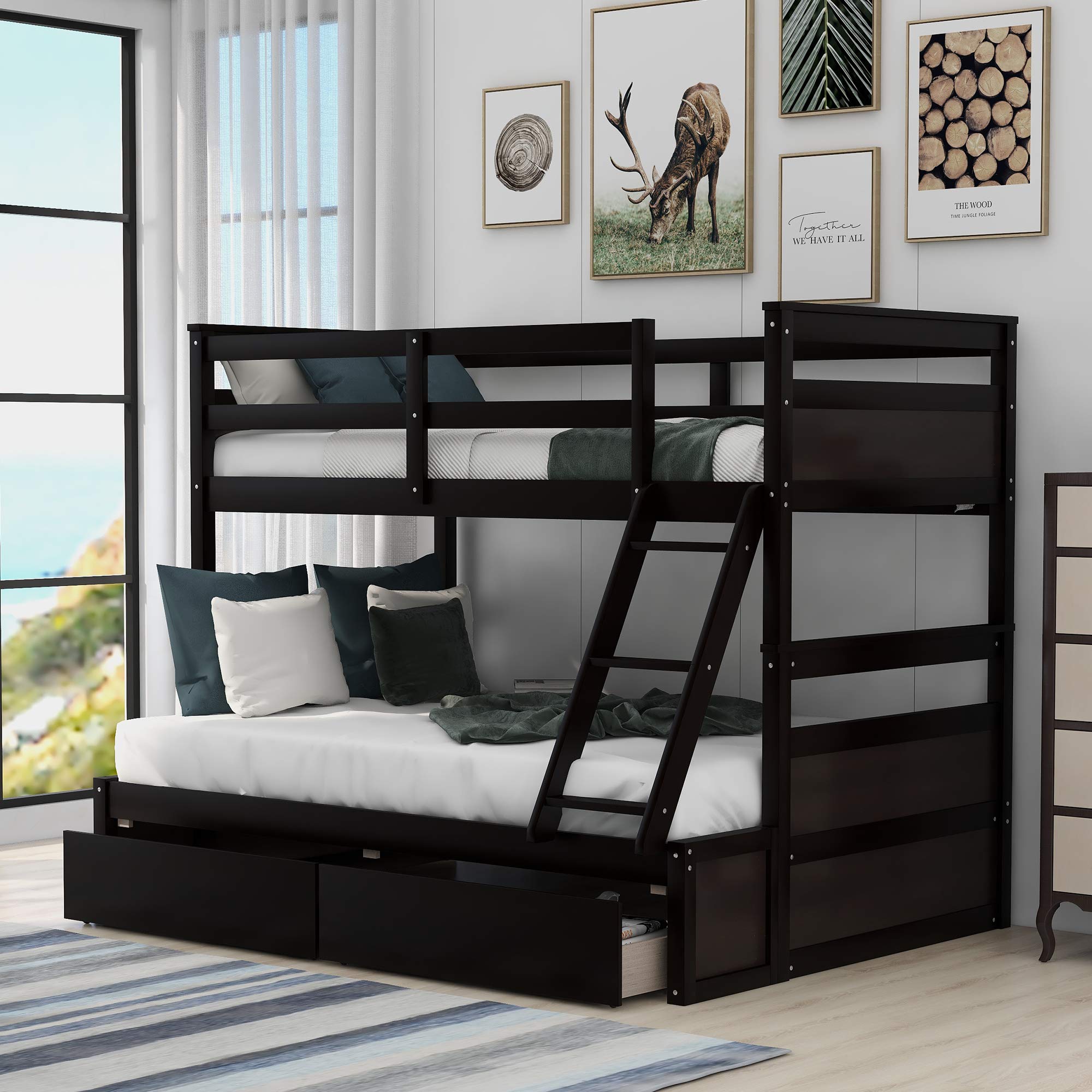 Harper & Bright Designs Solid Wood Bunk Bed with Storage Drawers, Twin Over Full Bunk Bed with Ladder and Safety Guard Rail for Boys, Girls, Teens and Adults (Espresso)