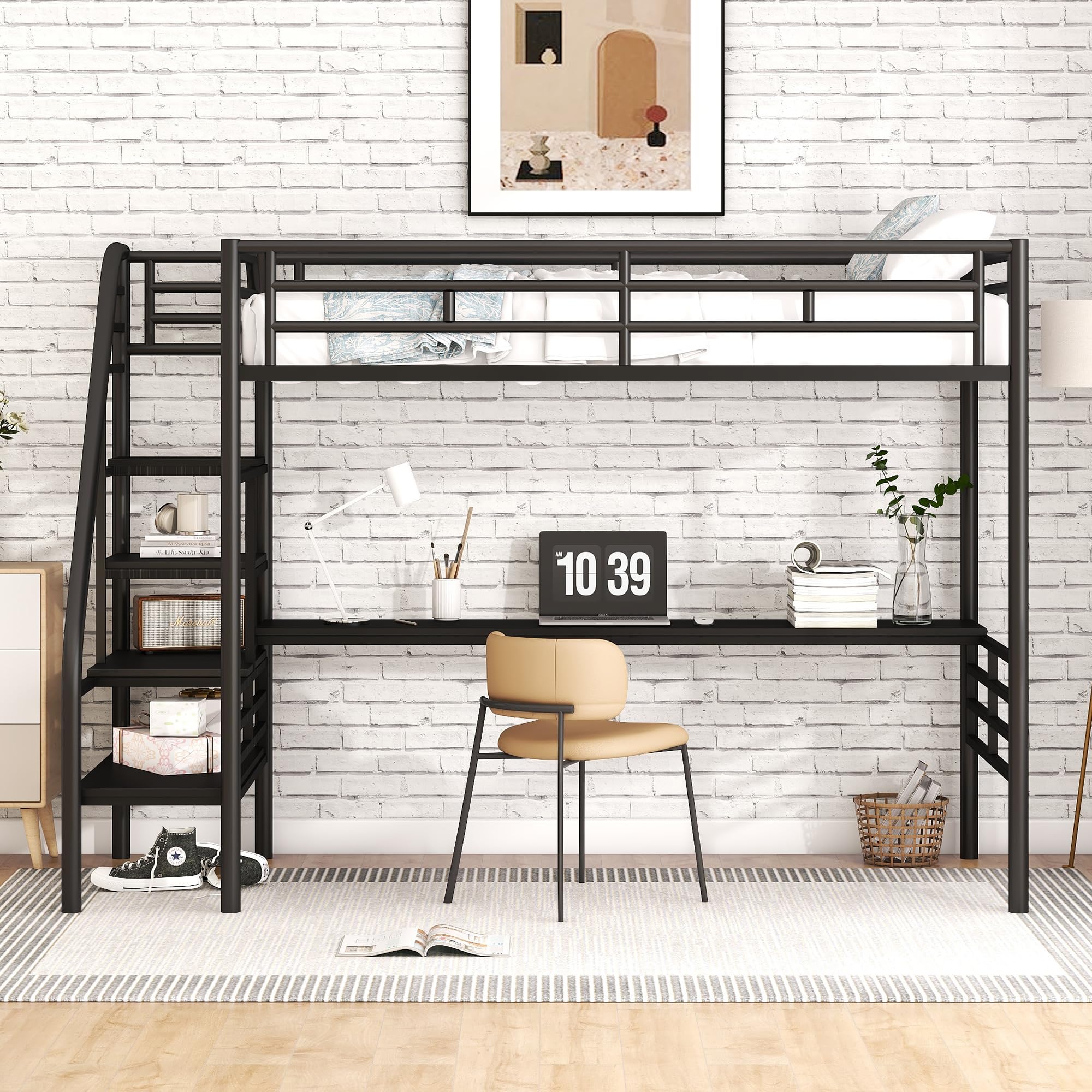 Harper & Bright Designs Metal Twin Loft Bed with Desk, Twin Size Loft Bed with Stairs and Workstation Desk for Kids Teens, Space Saving Metal Loft Bed Frame,No Box Spring Needed, Black