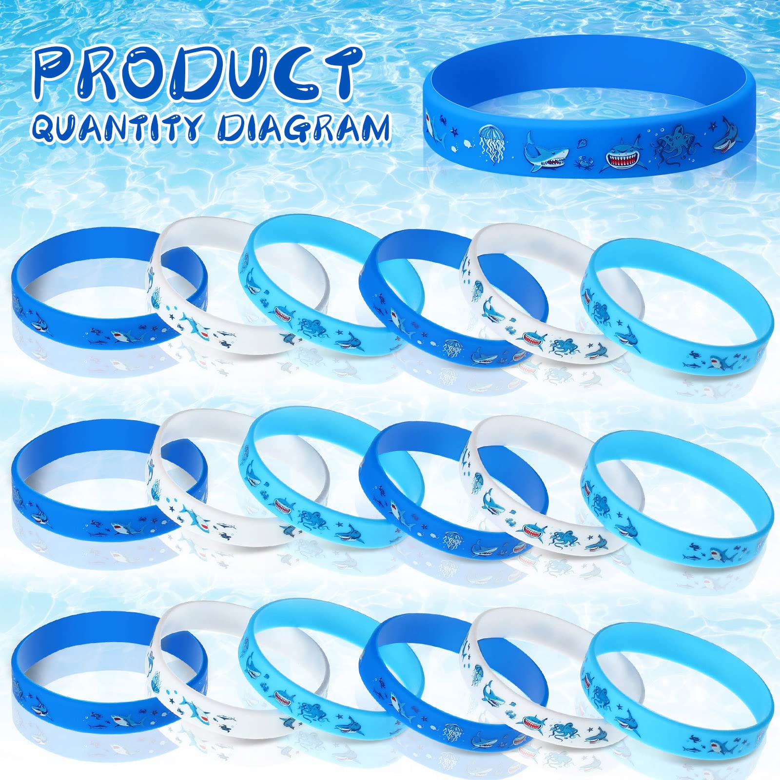 Suilung 24 Pcs Shark Party Favors Shark Bracelet for Kids Shark Silicone Rubber Wristbands Ocean Under The Sea Themed Party Gifts for Boys Girls Baby Shower Shark Birthday Party Supplies