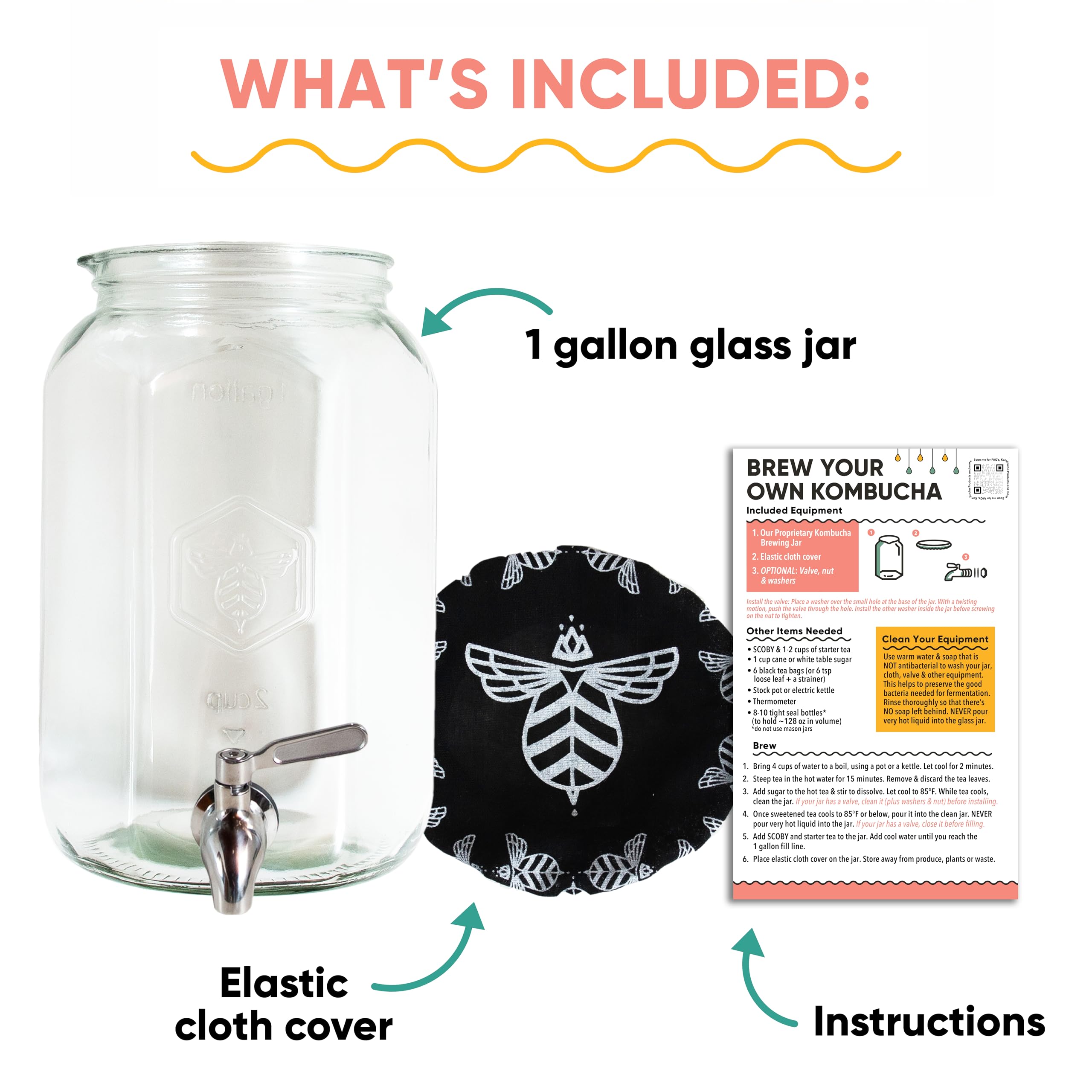 Craft A Brew - Kombucha Jar with Dispensing Valve - For Kombucha Fermentation - Includes Custom Cloth Cover- Proprietary Design