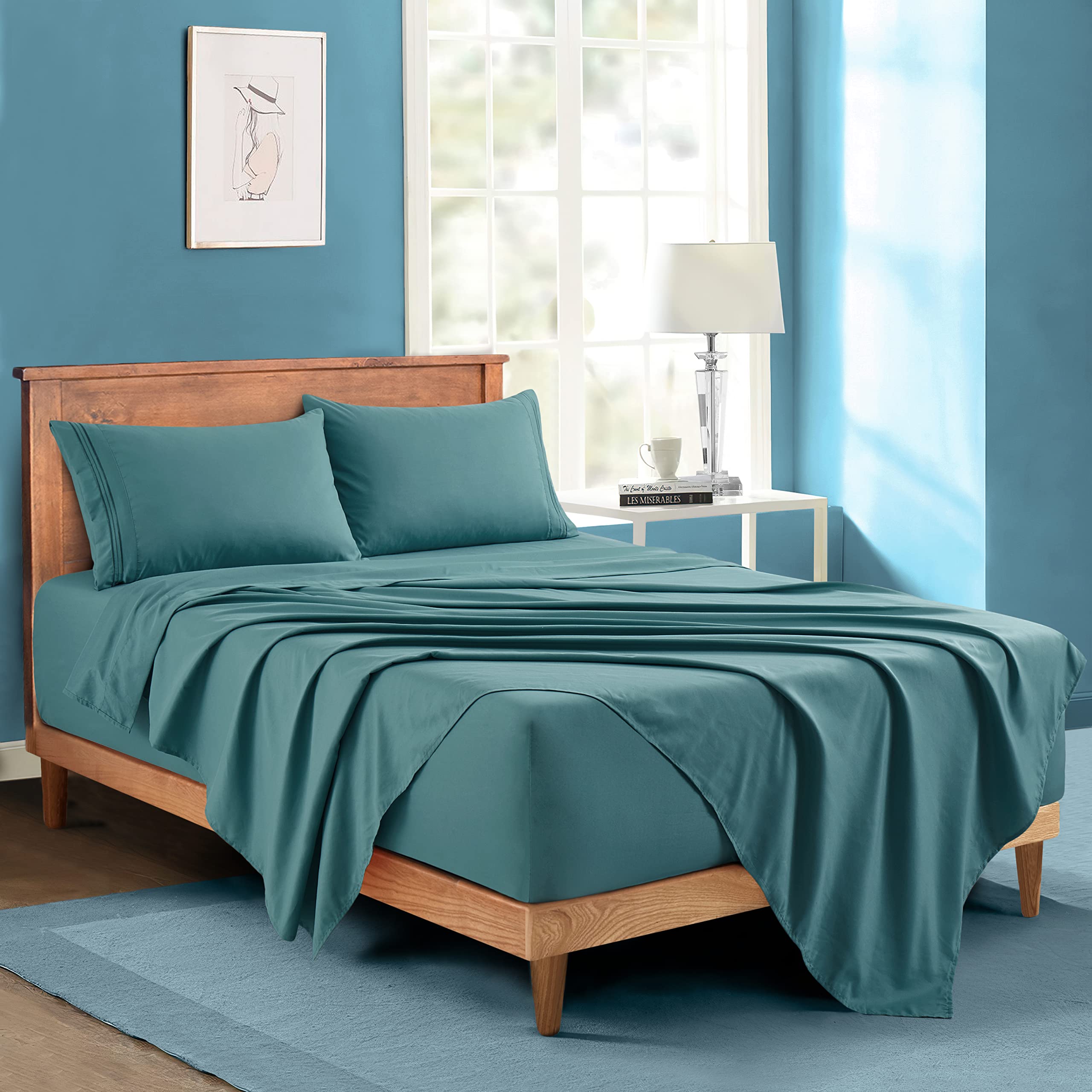 Manyshofu Extra Deep Pocket Full Size Sheets Set - Hotel Luxury 1800 Thread Count Sheets & Pillowcases - Kids Bedding Set up to 24" Mattress - Teal Bed Sheets 18-24 Inch Deep Pockets - 4 Piece