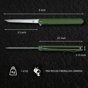 UNIQTINT EDC Pocket Flipper Knife, 1.4oz 5CR13 Steel 3.5” Blade Slim Folding Knife, Army Green PA6 Nylon Fiberglass Handle with Liner Lock Pocket Clip (FK001B)