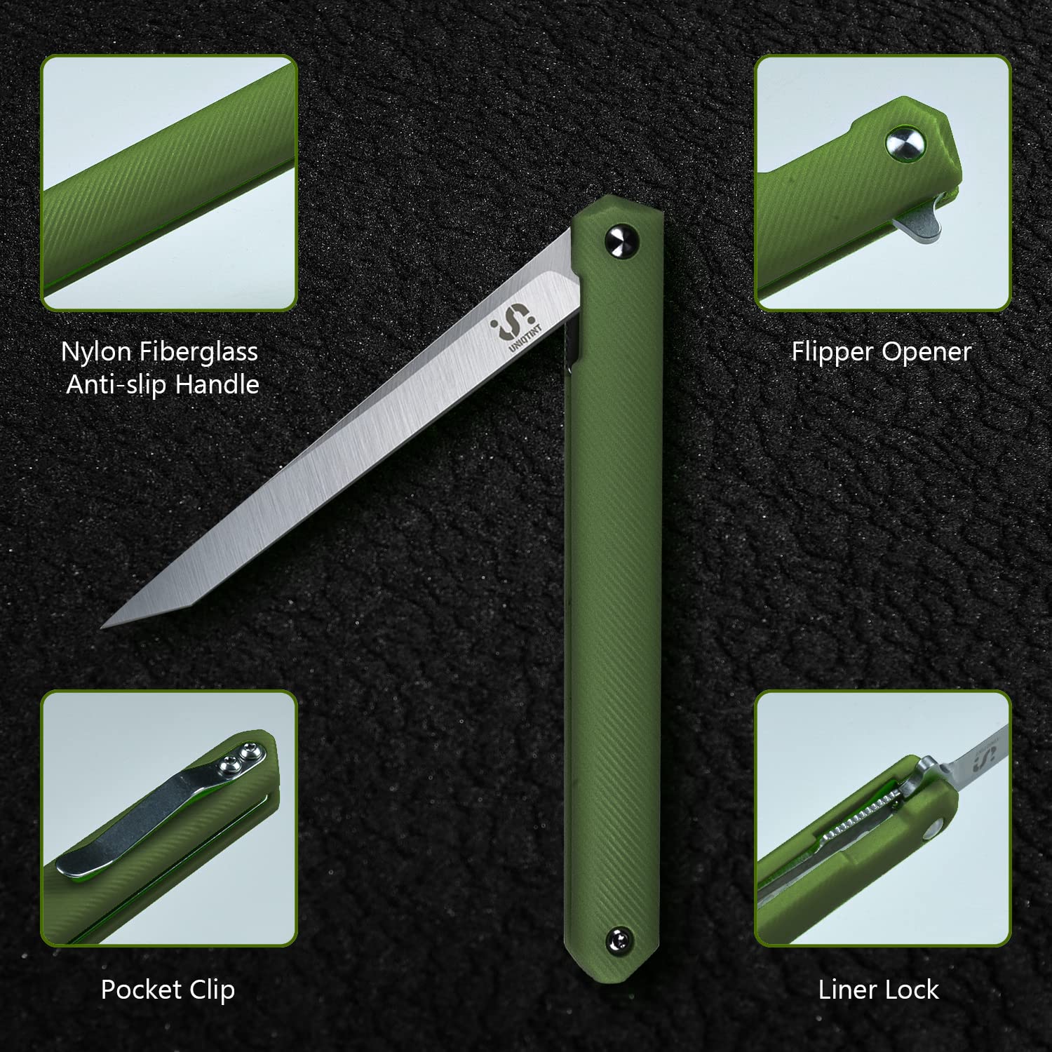 UNIQTINT EDC Pocket Flipper Knife, 1.4oz 5CR13 Steel 3.5” Blade Slim Folding Knife, Army Green PA6 Nylon Fiberglass Handle with Liner Lock Pocket Clip (FK001B)