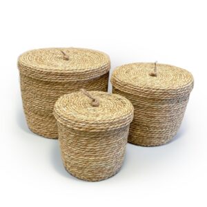 handcrafted basket with lid. decorative baskets for storage. rope basket with lid. woven seagrass baskets for blanket. round decorative basket. (pack 3)