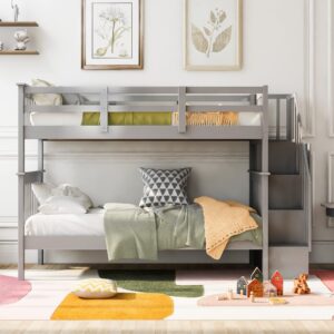 Harper & Bright Designs Twin Bunk Beds, Twin Over Twin Bunk Bed with Stairs and Storage, Low Bunk Beds Twin Over Twin for Kids Girls Boys, Grey