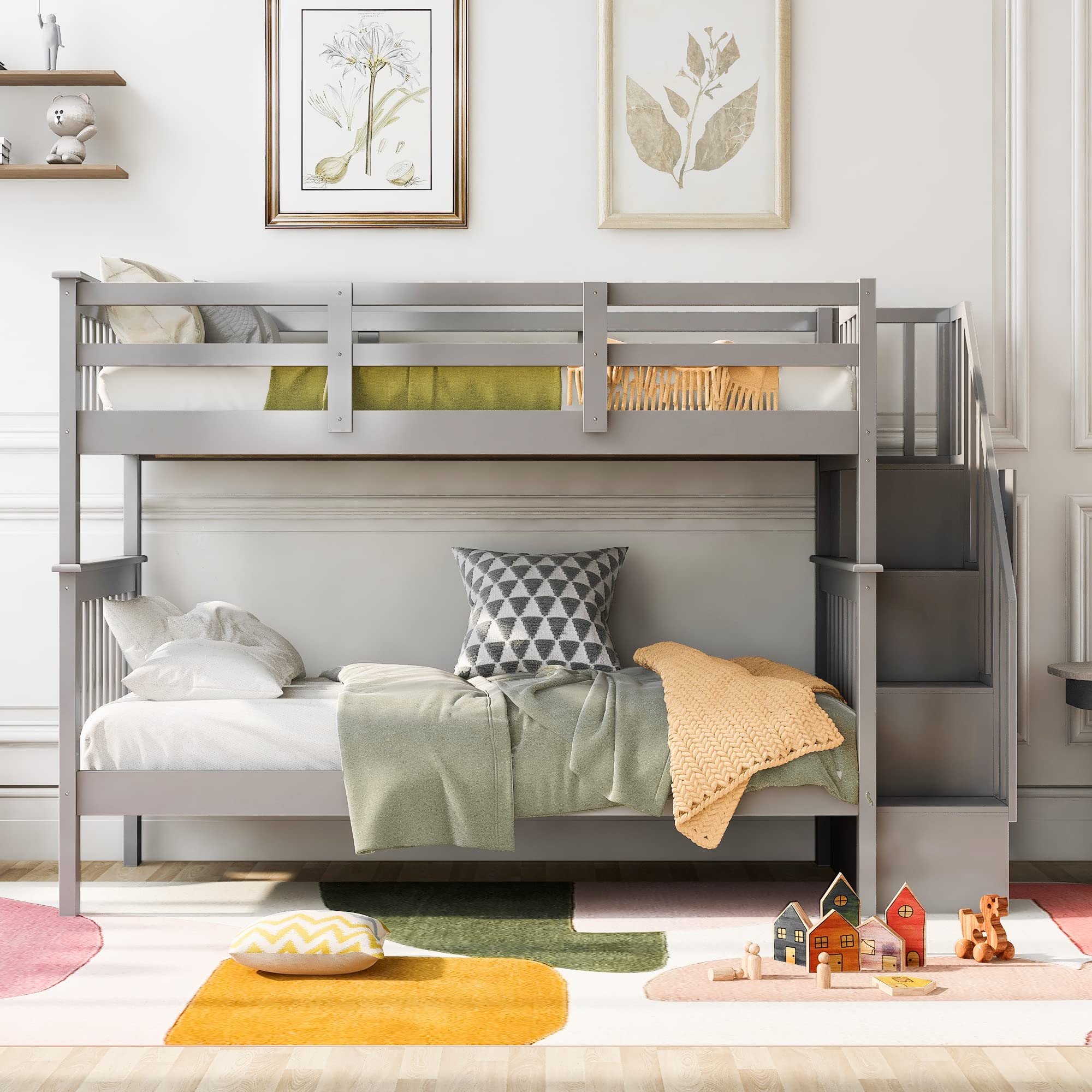 Harper & Bright Designs Twin Bunk Beds, Twin Over Twin Bunk Bed with Stairs and Storage, Low Bunk Beds Twin Over Twin for Kids Girls Boys, Grey