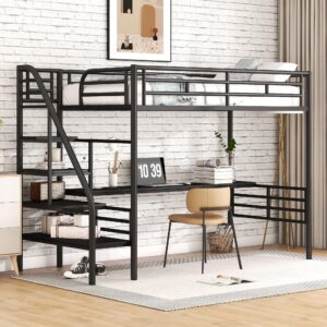 Harper & Bright Designs Metal Twin Loft Bed with Desk, Twin Size Loft Bed with Stairs and Workstation Desk for Kids Teens, Space Saving Metal Loft Bed Frame,No Box Spring Needed, Black