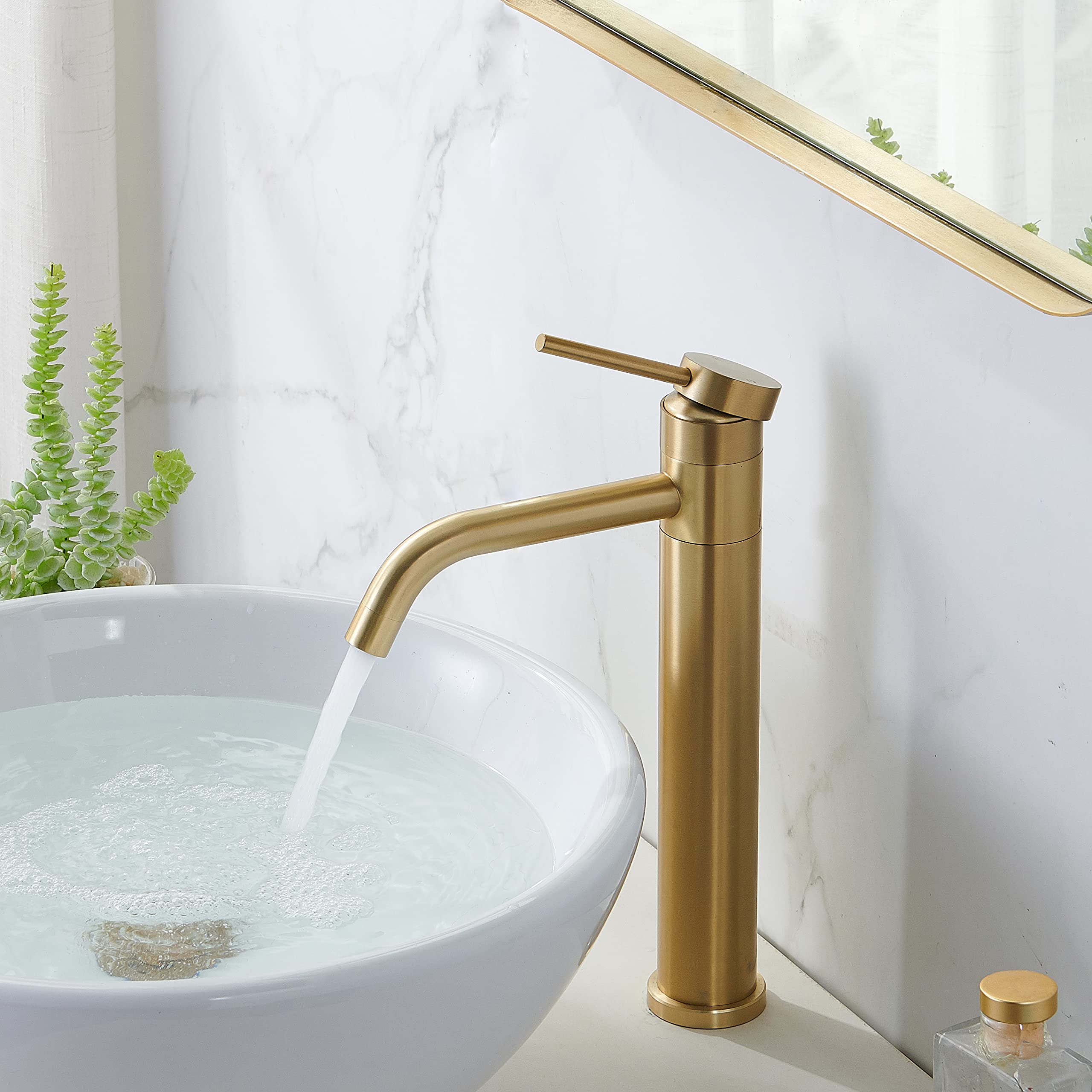 Hotis Gold Vessel Sink Faucet, 360 Swivel Brushed Gold Vessel Faucet, Single Handle Tall Body Farmhouse Vessel Faucet, Bathroom Faucets for Sink 1 Holewith Pop Up Drain