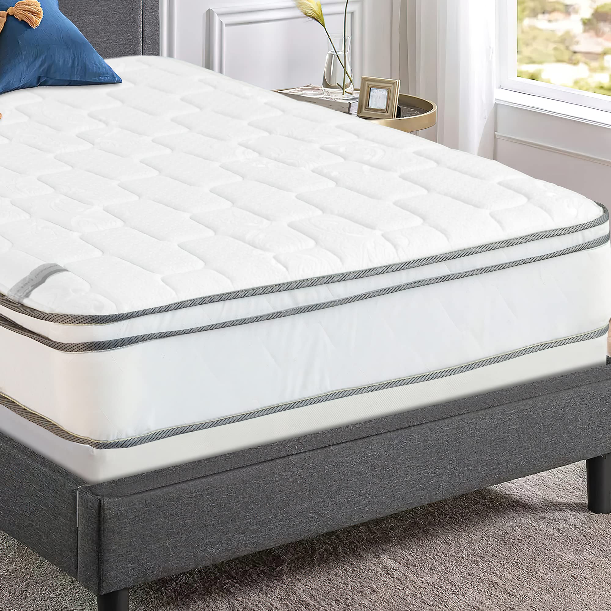 Spring Solution, 10-Inch Meduim Plush Eurotop Pillowtop Innerspring Mattress & 8" Wood Box Spring Set, Queen